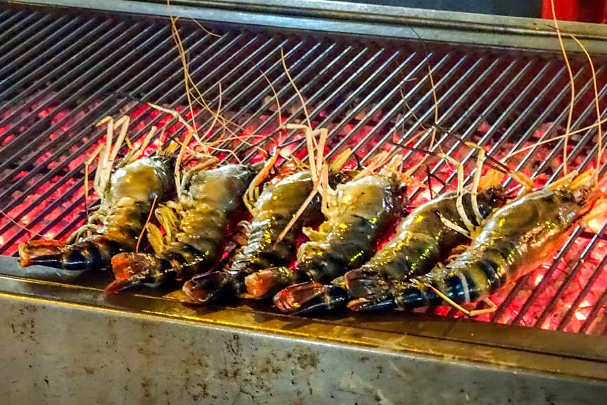 Giant prawns on a grill