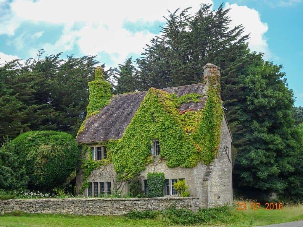 Old stone cottage with green ivy