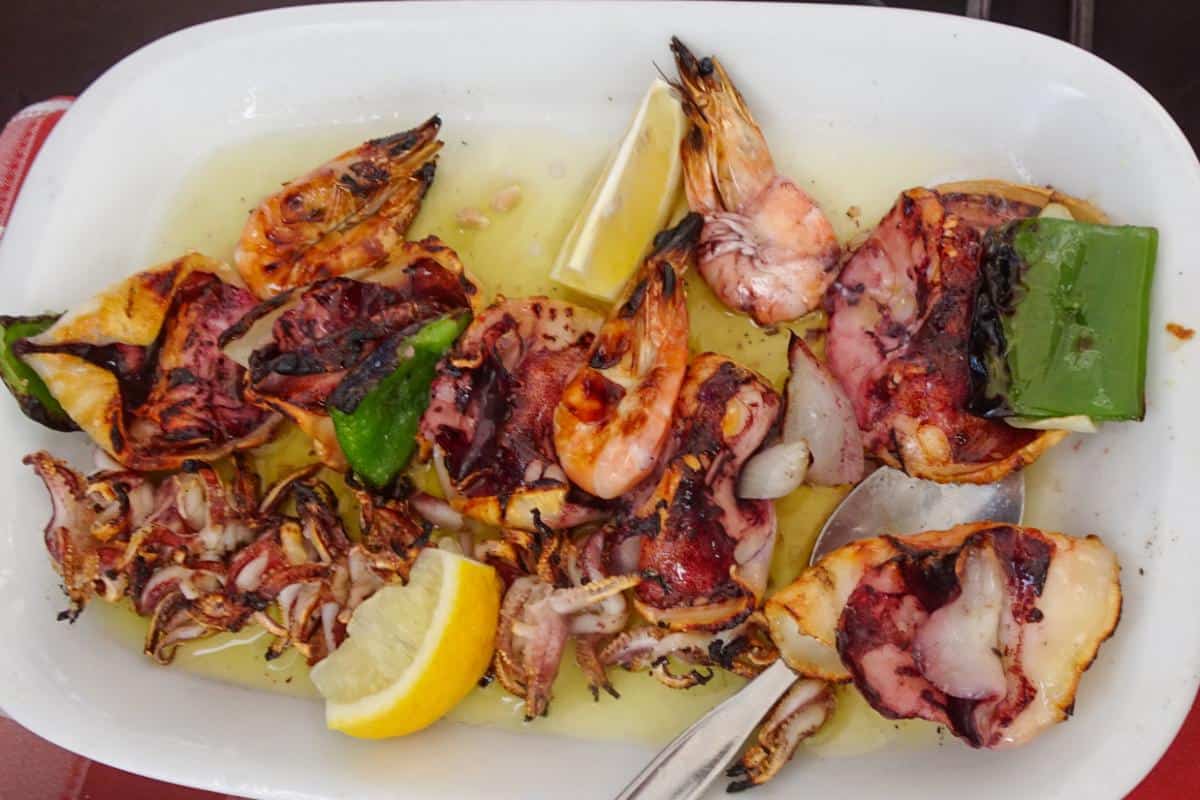 A plate of squid and prawns