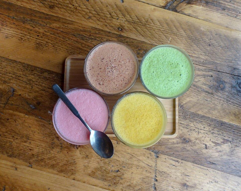 Brown, Green, yellow and pink drinks
