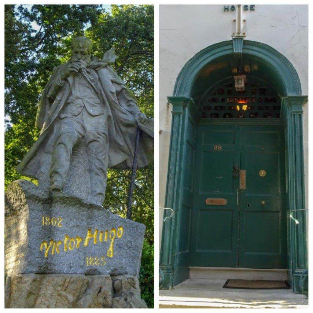 Statue of a man and a green front door