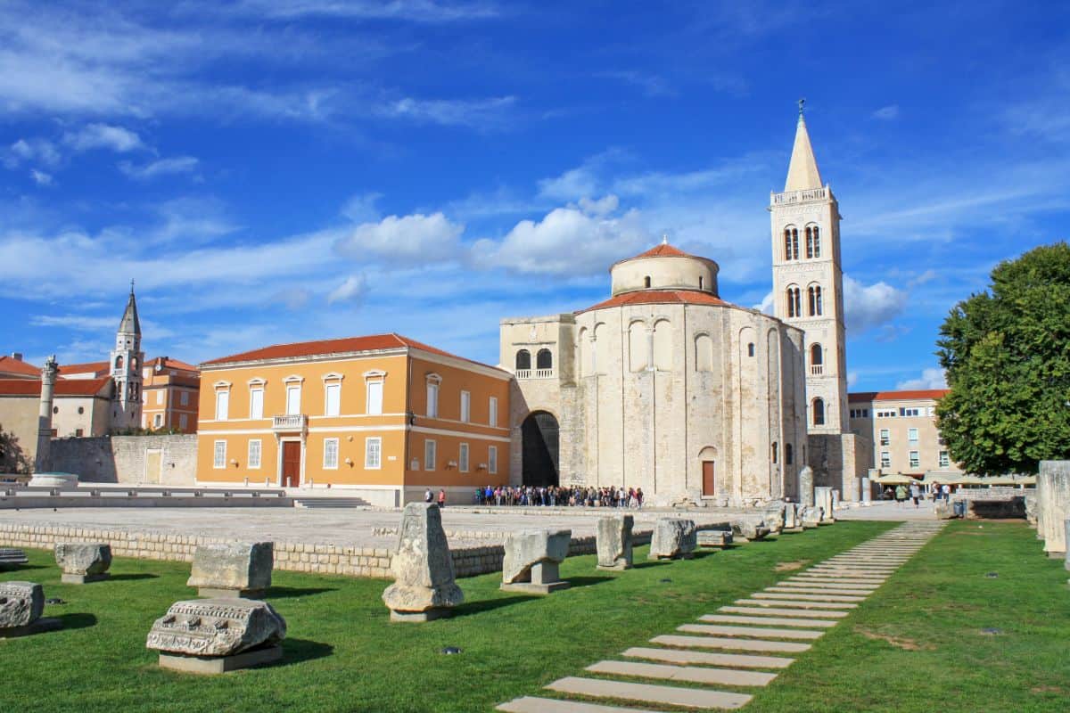 A round church and a tower in Zadar, Croatia