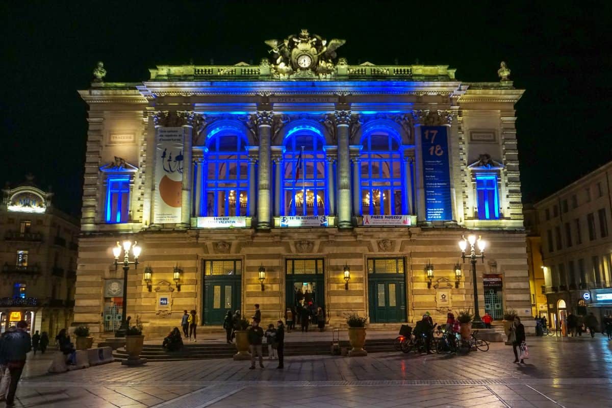 Ornate building with blue lighting around its windows