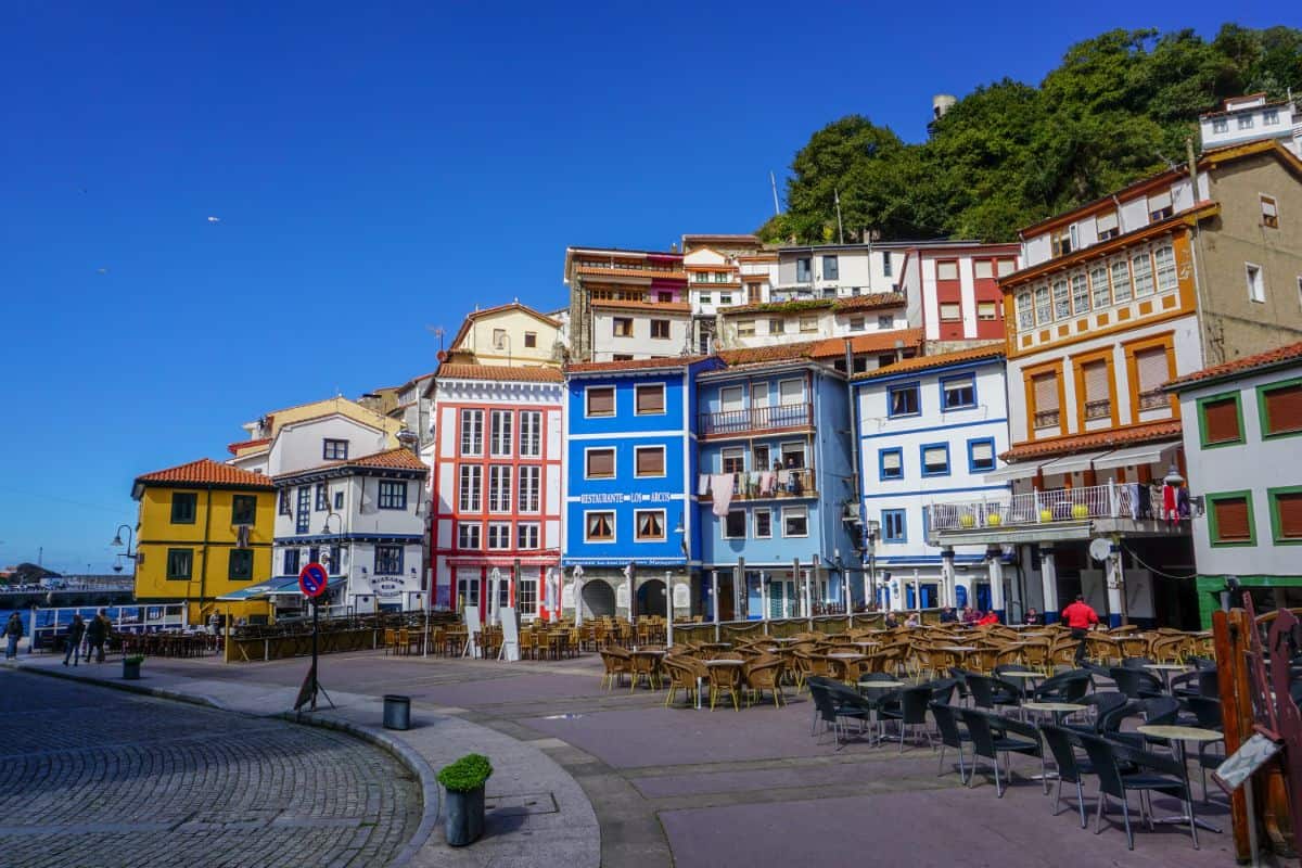 A plaza with colorful buildings