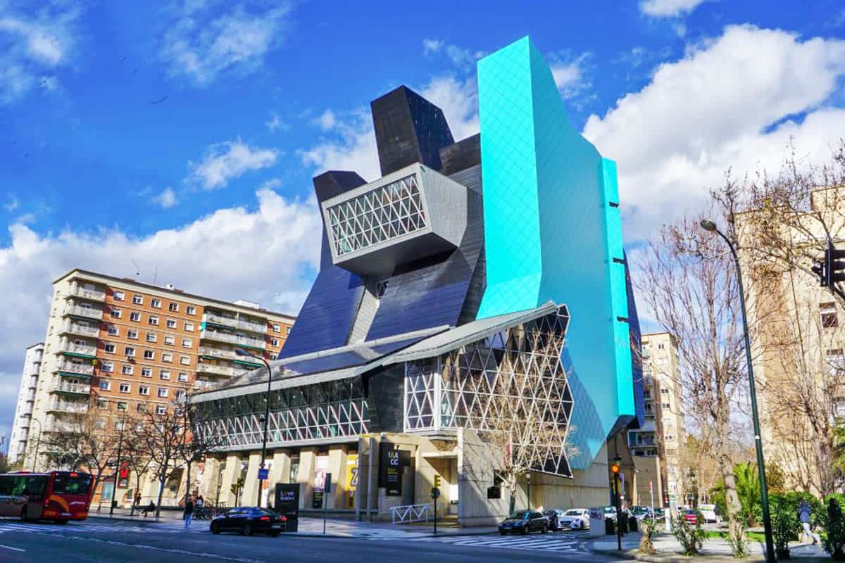 A modern building with turquoise walls