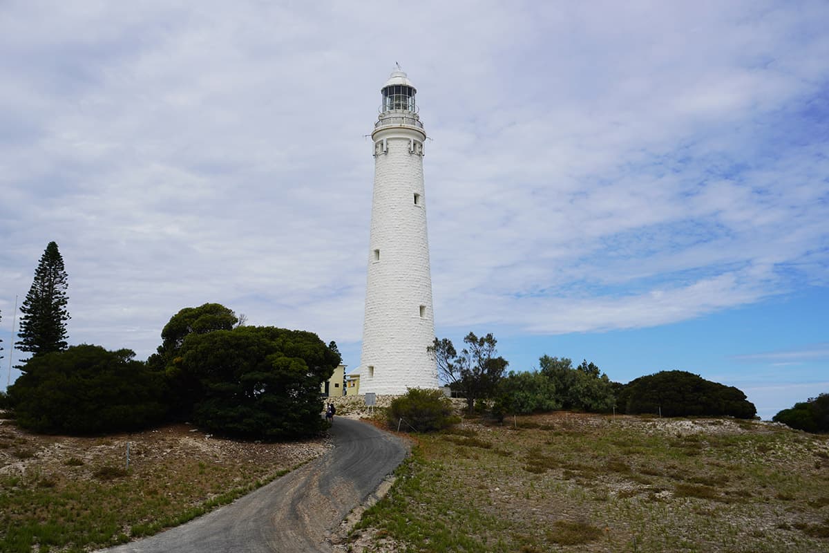 A tall white lighthouse