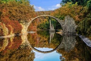 A bridge forming a perfect circle reflected in a small lake