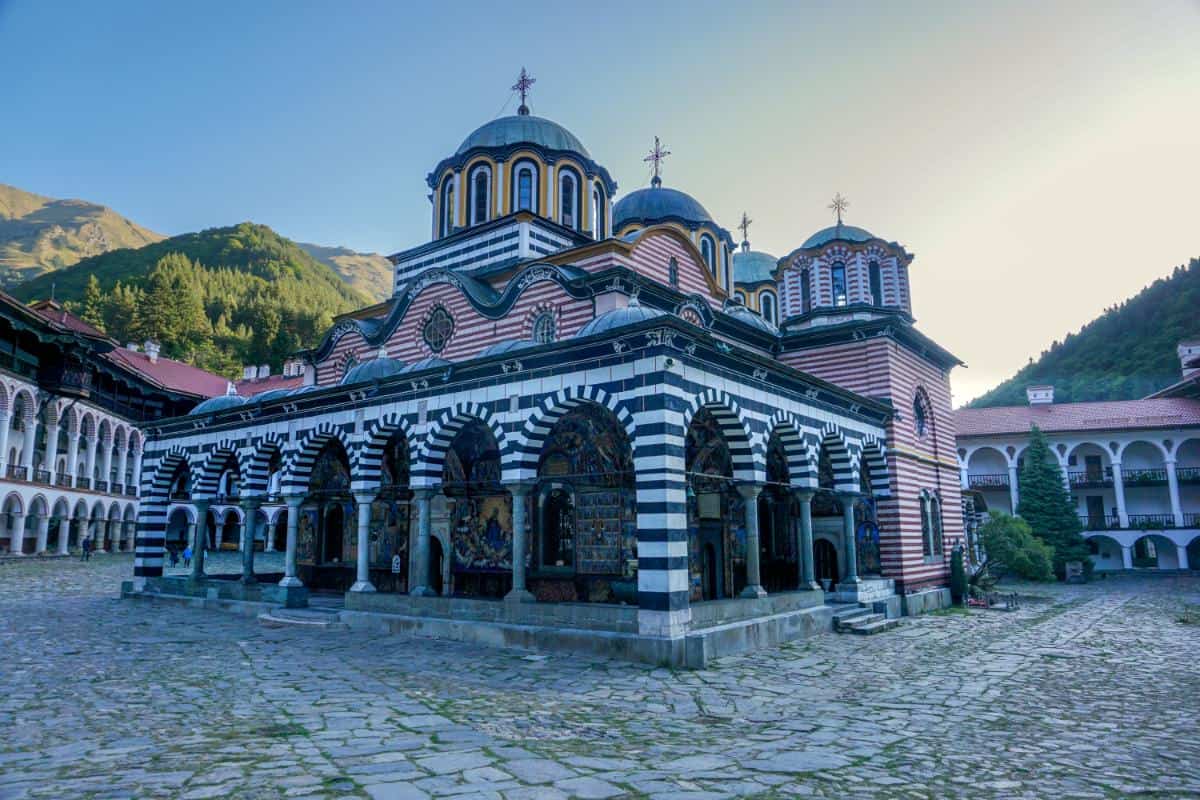 An ornate monastery early in the morning