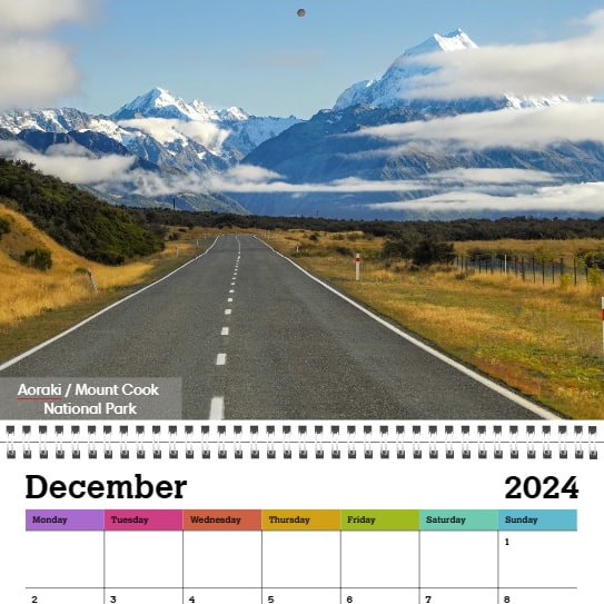 Calendar with photo of a mountain and road leading to it