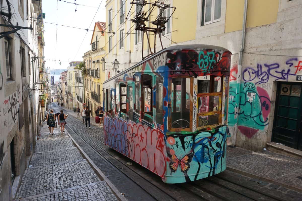 A colorful tram on a steep track