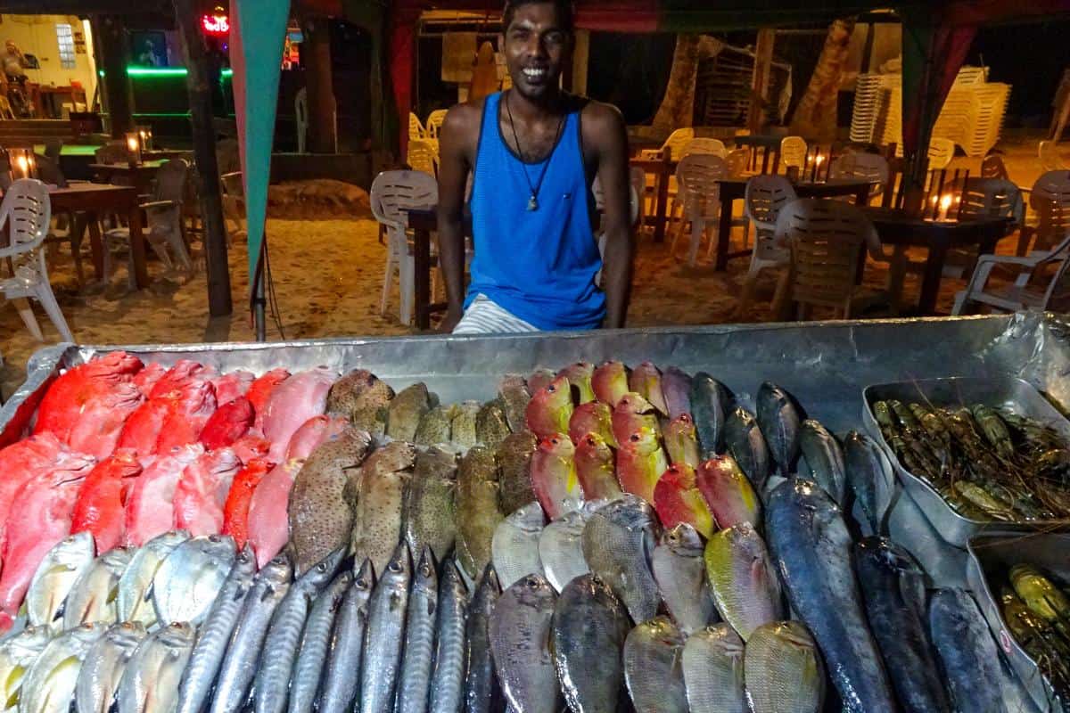 A man in front of a table with a variety of fish