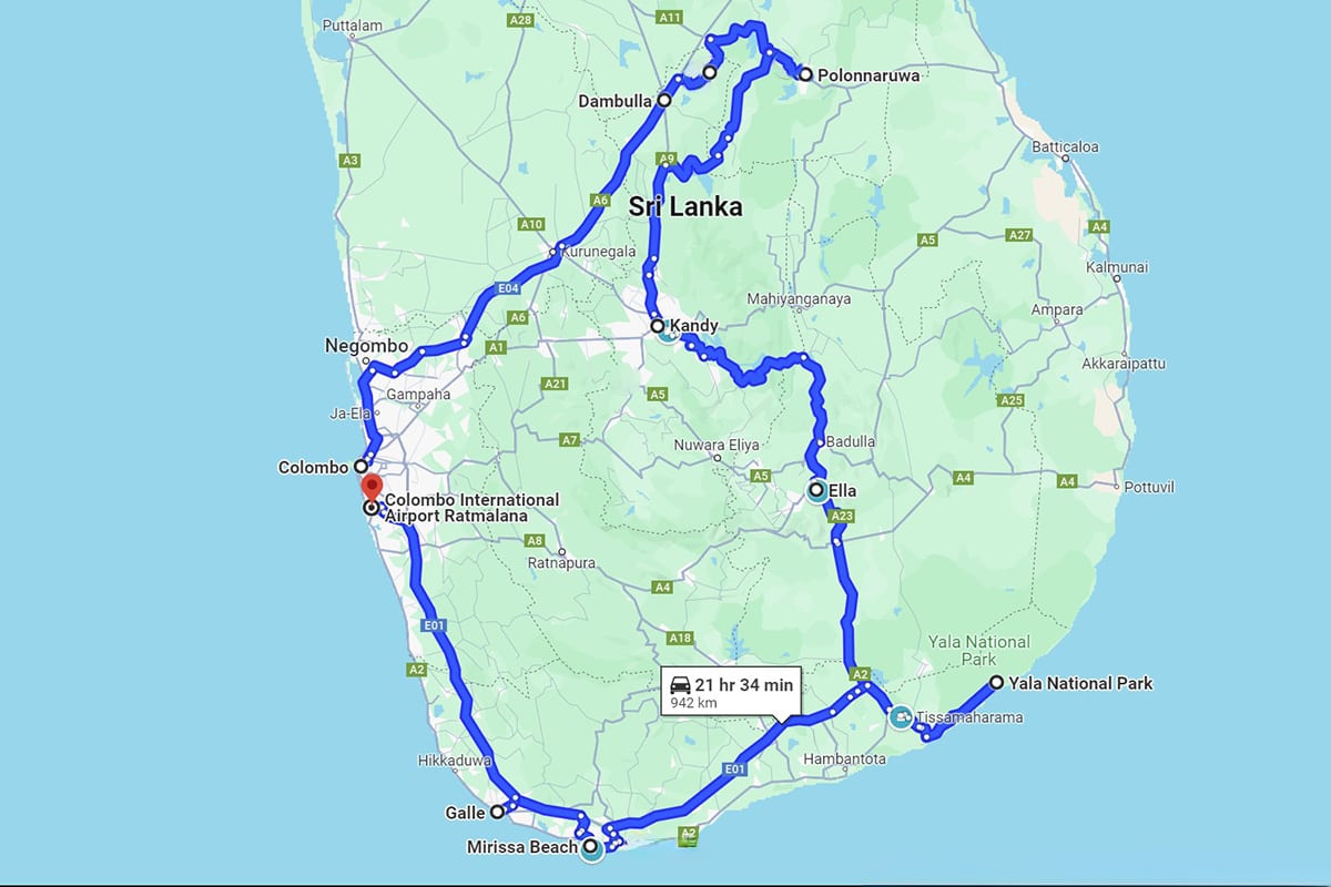 A map of a road trip around Sri Lanka